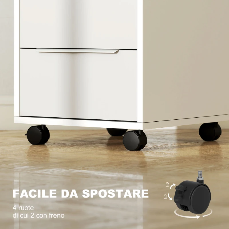 HOMCOM Schedario per Ufficio a 3 Cassetti con Chiavi di Sicurezza e 4 Ruote, in Legno, 40x40x63.5 cm, Bianco e Grigio