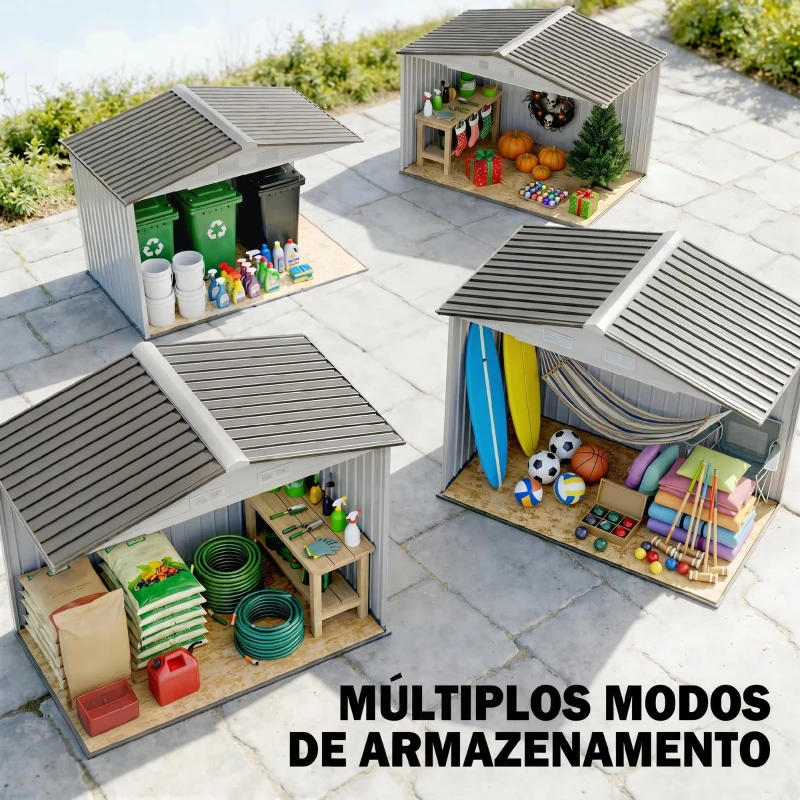 Outsunny Abrigo de Jardim 213x130x185cm Abrigo de Jardim Metálico de Exterior com 2 Portas Deslizantes e 4 Janelas Branco e Cinza