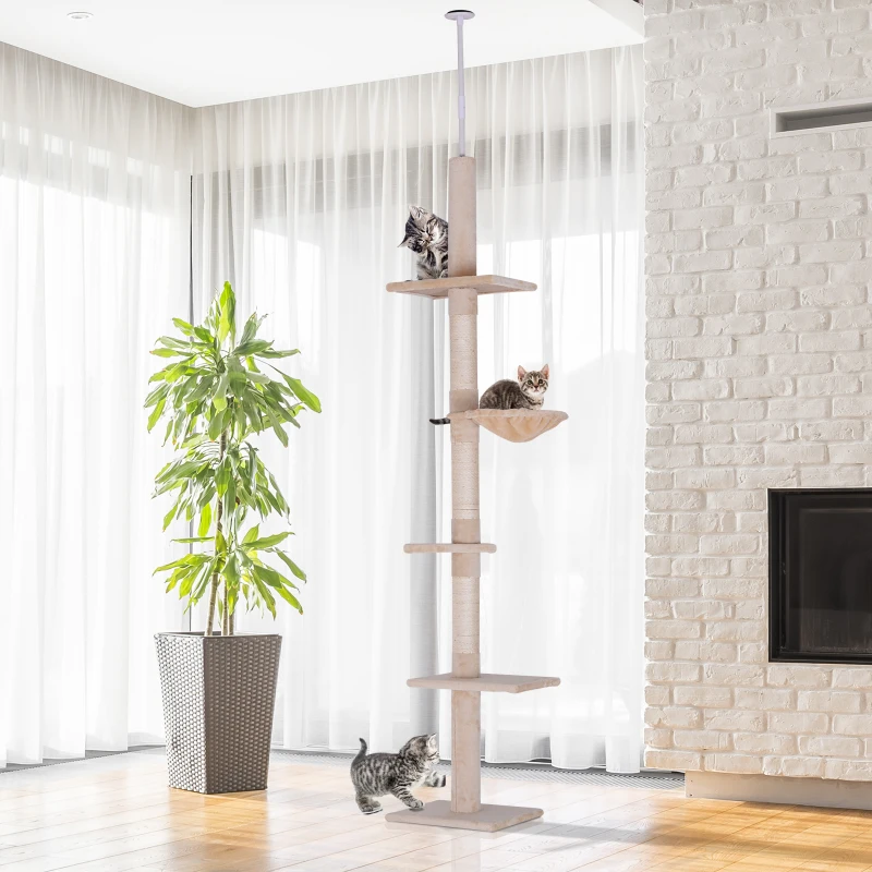 PawHut Arbre chat du sol au plafond poteau à griffer L40 x l 34 x H 230-260 cm 5 niveaux d'activités beige