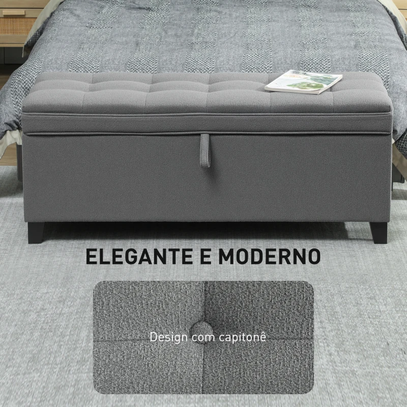 HOMCOM Banco de Armazenamento com 2 Dobradiças de Segurança Tampa Rebatível para Quarto Sala de Estar 120x40x48 cm Cinza Escuro