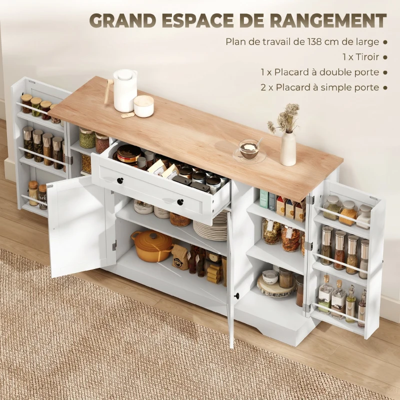 HOMCOM Buffet cuisine, meuble de rangement avec tiroir, 4 portes, étagères réglables et 6 racks de porte, 138x40x83,5cm, blanc