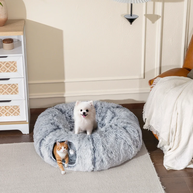 PawHut Tunnel pour Chat Intérieur avec Lit de Chat en Forme de Donut, Coussin Circulaire Lavable, 90x80x27cm, Gris Clair