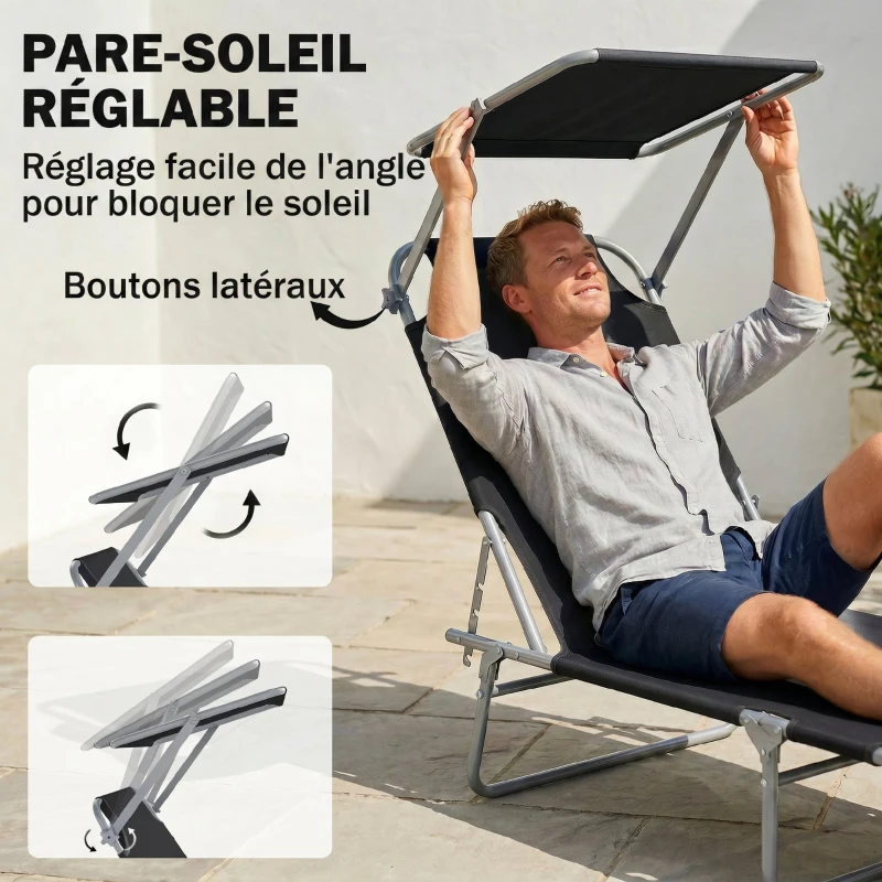 Outsunny Transat Bain de Soleil Pliable Chaise Longue Pliante Grand Confort Dossier Inclinable Multi-positions et Pare-Soleil réglable Dim. 187L x 58l x 36H cm Noir
