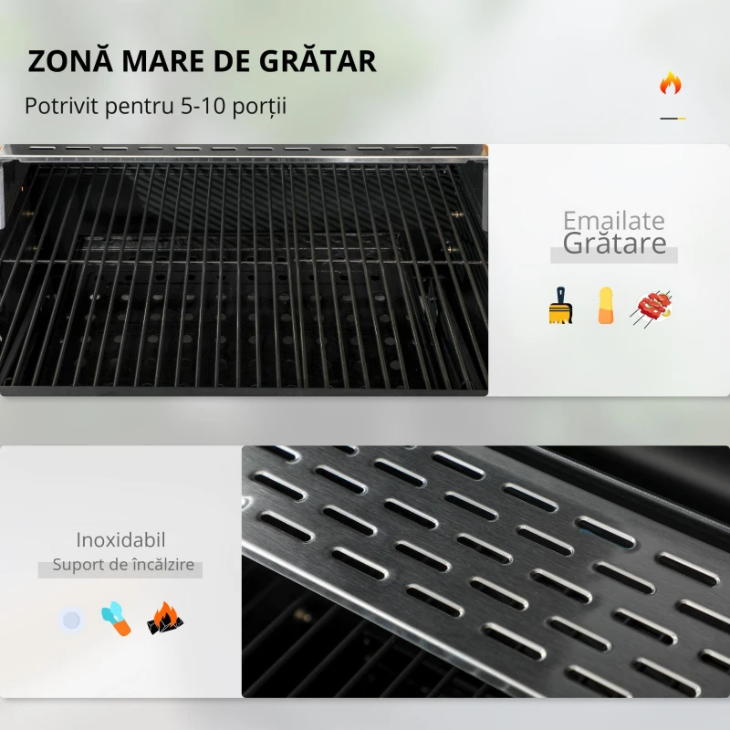 Outsunny Grătar cu Tavă de Cărbune Reglabilă, Grilaj de Grătar din Oțel Galvanizat cu Rafturi de Depozitare, 120x64x114 cm, Negru