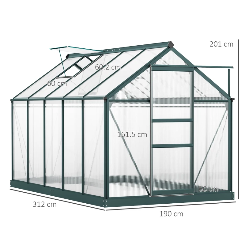 Outsunny 6 x 10ft Polycarbonate Greenhouse - Large Walk-In Green House with Sliding Door and Window, Garden Plant Grow House with Aluminium Frame and Foundation, Dark Green(m-15)