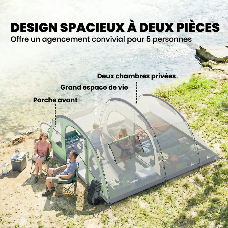 Outsunny Tente de camping pour 5 personnes, tente tunnel familiale légère ventilée étanche 3 000 mm montage facile, vert