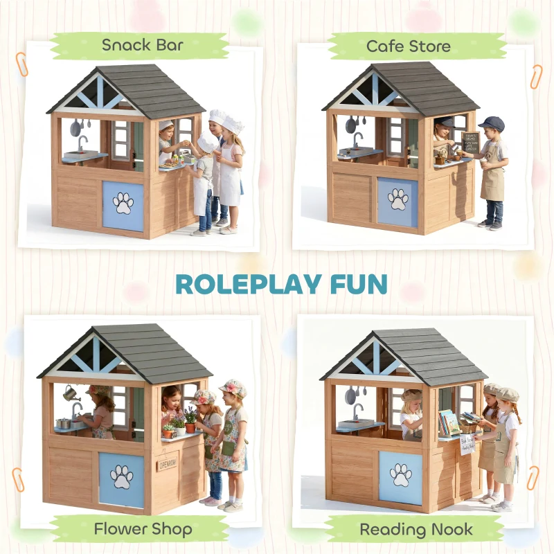 AIYAPLAY Wooden Playhouse for Kids, Wendy House with Pet Door, Play Kitchen, Half Door and Windows for Indoor Outdoor, Ages 2+