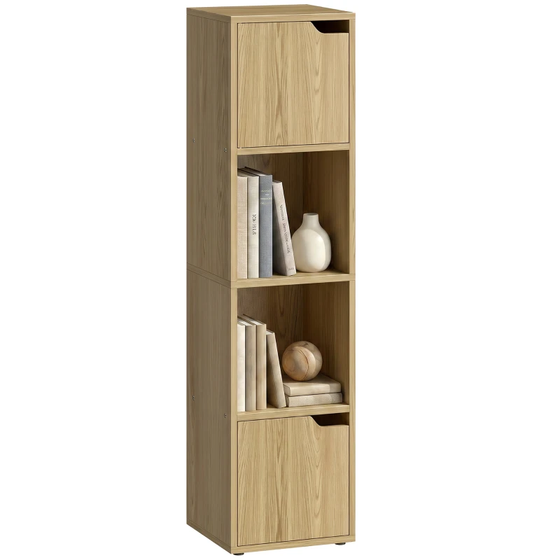 HOMCOM Narrow Bookcase, 4-Tier Bookshelf, Storage Cabinet with doors for Living Room, Bedroom, Oak