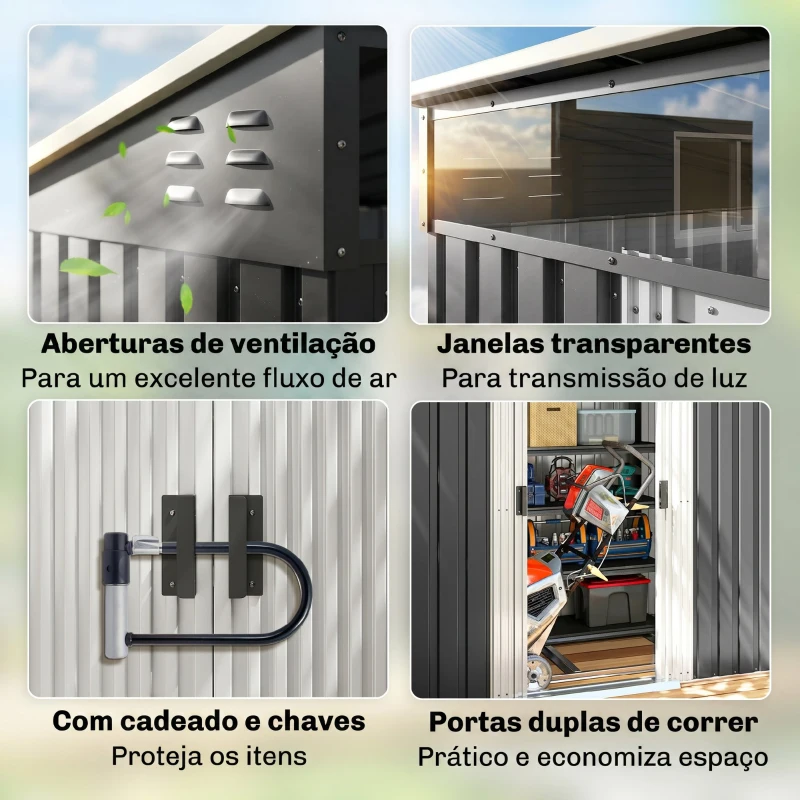 Outsunny Abrigo de Jardim 2 m² 195x122x181,5 cm Abrigo de Armazenamento Metálico com Porta de Correr e 2 Janelas Cinza Escuro