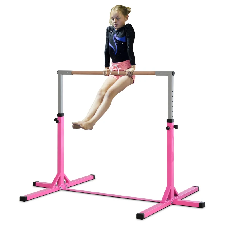 HOMCOM Barra da Ginnastica Artistica per Bambini 3+ Anni con Altezza Regolabile 92-150 cm, in Acciaio e Legno Massello di Faggio, Sbarra Orizzontali Danza Attrezzatura Palestra Antiscivolo, Rosa