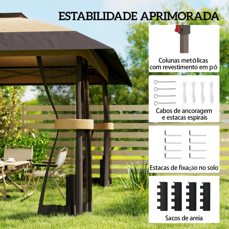 Outsunny Tenda Dobrável 4x4 m Pop-up com Telhado Duplo, 4 Laterais em Rede, Altura Regulável, Bolsa de Transporte, UPF30+, Caqui