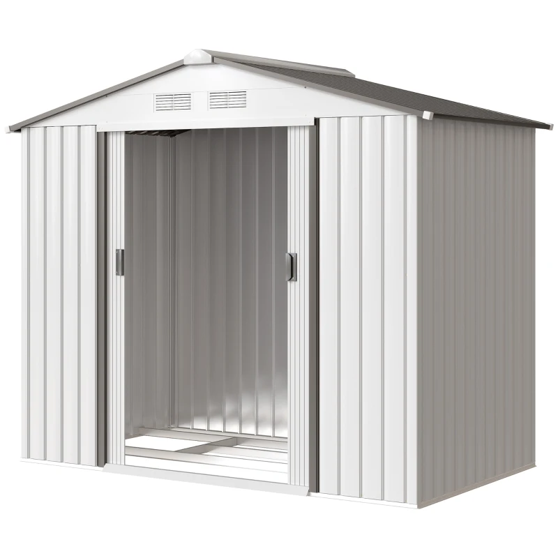 Outsunny Abrigo de Jardim 213x130x185cm Abrigo de Jardim Metálico de Exterior com 2 Portas Deslizantes e 4 Janelas Branco e Cinza
