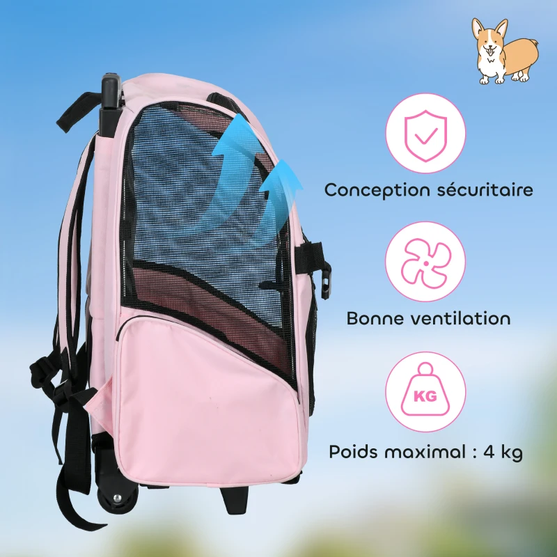 PawHut Sac de transport à roulettes pour chien 2 en 1 trolley chariot sac à dos pour chien chat avec poignée téléscopique, sacs de rangement, aérations, attache de sécurité, 42 x 25 x 55 cm, rose