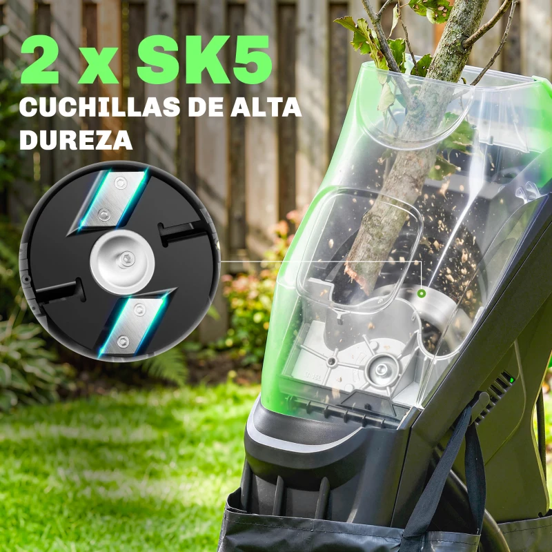 Outsunny Trituradora de Ramas Eléctrica 2500W con 2 Cuchillas Reversibles hasta Ø44 mm de Ramas Bolsa 45L Ruedas Verde