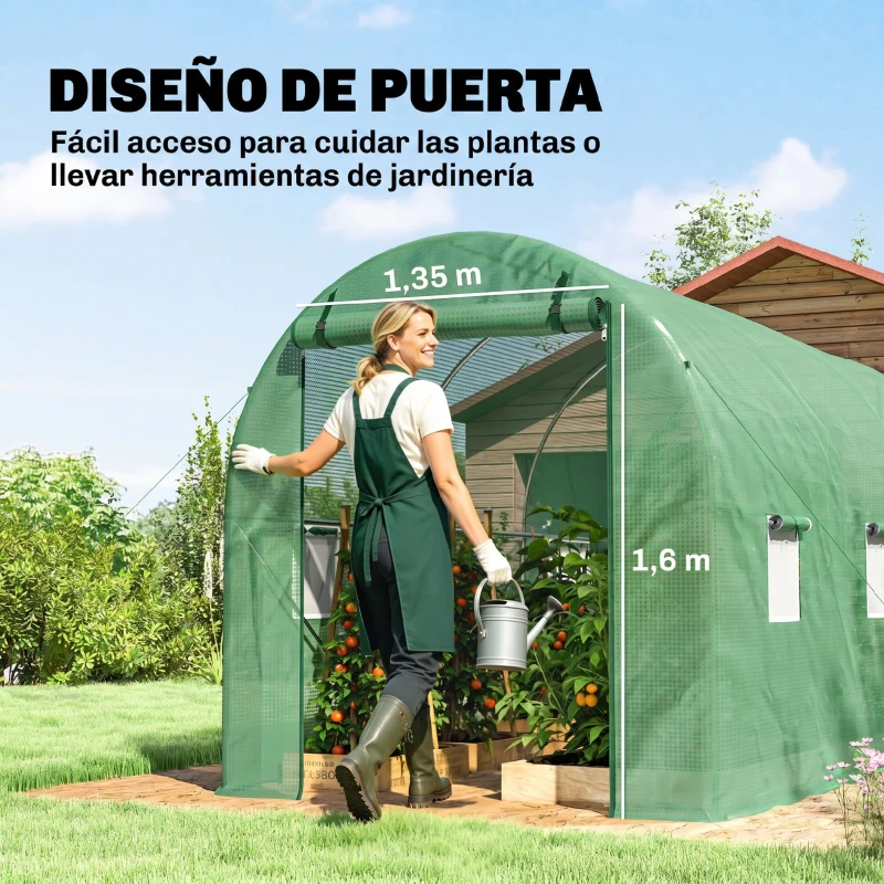 Outsunny Invernadero de Jardín Huerto Tipo Túnel 6 Ventanas Cultivos Plantas y Verduras Cubierta PE 140g/㎡ Impermeable 4x2x1.9m Acero