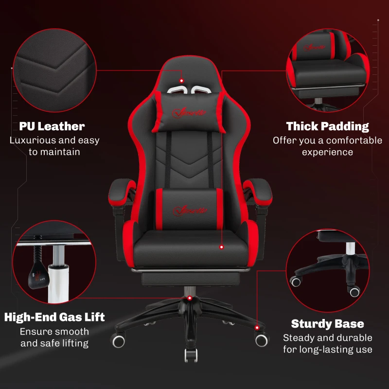 Vinsetto Scaun de Gaming cu Înălțime Reglabilă și Spătar Rabatabil, 65x65x121-129 cm, Negru și Roșu