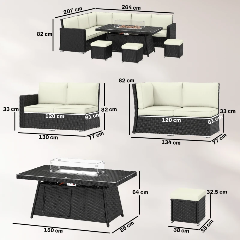 Outsunny 7 Pieces PE Rattan Garden Furniture Set, 50,000 BTU Gas Fire Pit Table, Double Corner Sofa and 3 Footstools