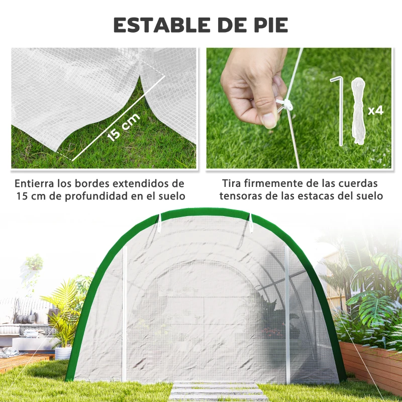 Outsunny Invernadero de Túnel 6x3x2 m con Puerta Enrollable 8 Ventanas de Malla y Estructura de Acero Galvanizado Blanco