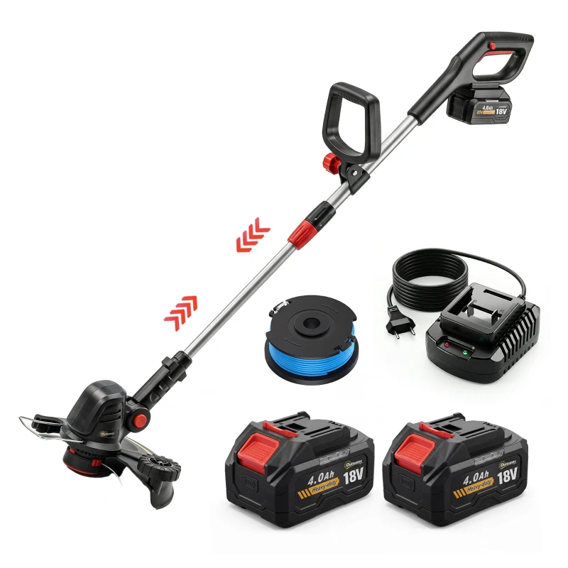 Outsunny Desbrozadora Batería 18V con 2 Baterías de 4.0Ah y Cargador Barra Ajustable Cabezal y Mango Regulables Plateado