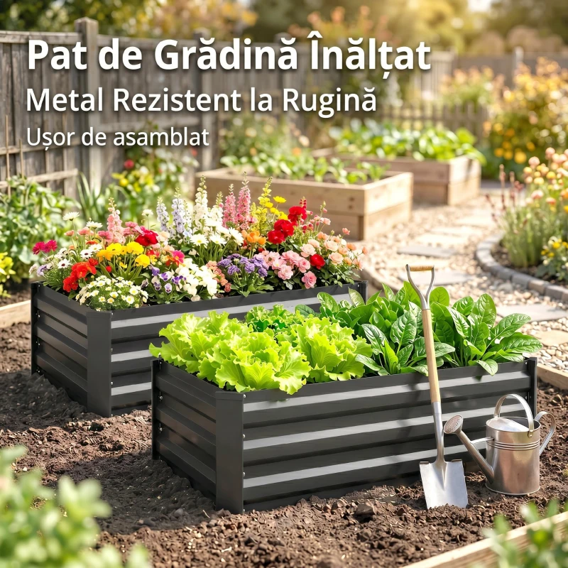 Outsunny Set de 2 jardiniere pentru grădină cu fund deschis, din oțel galvanizat, 100x60x30cm, gri