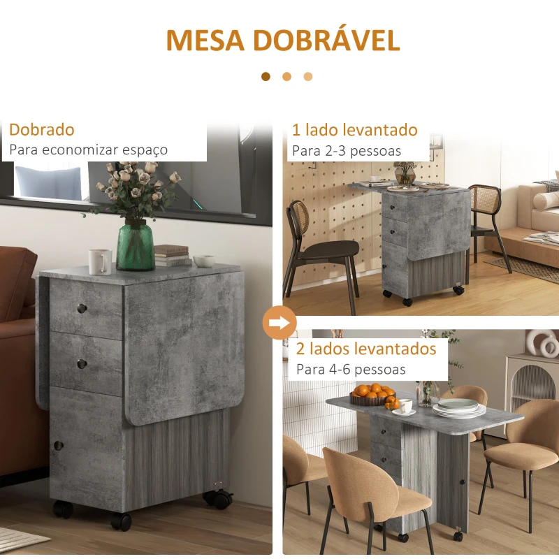 HOMCOM Mesa de Refeição Dobrável com Rodas Mesa Abatível com 2 Gavetas e Armário Mesa Auxiliar Multifuncional 120x60x76,5 cm Cinza