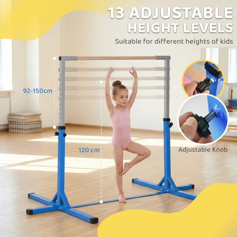 HOMCOM Height Adjustable Gymnastics Horizontal Bar for Kids, Children Junior Kip High Bar Fitness, Blue