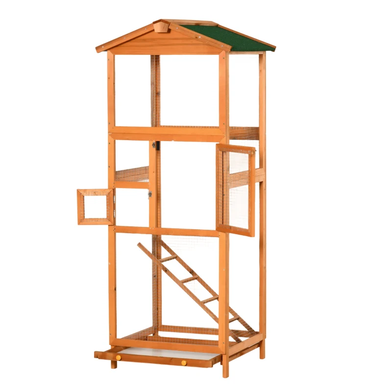 PawHut Cotet pentru Păsări Exterior din Lemn cu 2 Uși și Tava Extensibilă 68×63×165 cm