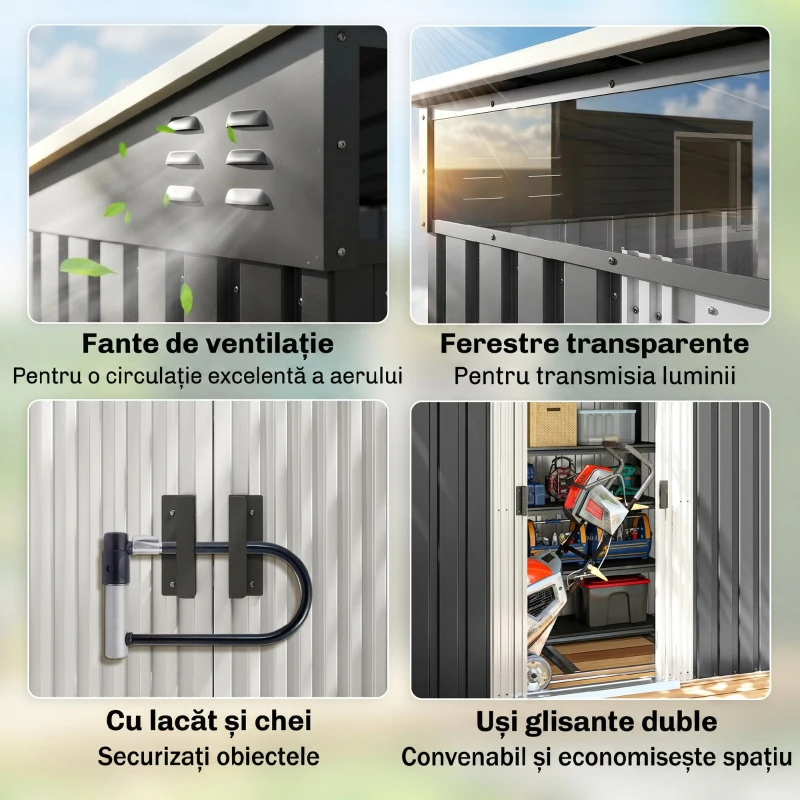Outsunny Căsuță de Grădină pentru Unelte cu 4 Ferestre și 2 Cârlige, din Oțel Zincat, 195x122x181.5 cm, Gri