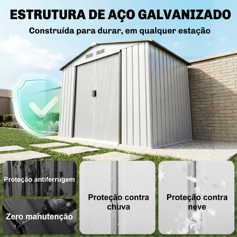 Outsunny Abrigo de Jardim 213x130x185cm Abrigo de Jardim Metálico de Exterior com 2 Portas Deslizantes e 4 Janelas Branco e Cinza