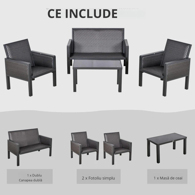 Outsunny Salon de Gradina cu Canapea de Exterior din Ratan Set 4 Buc Gri