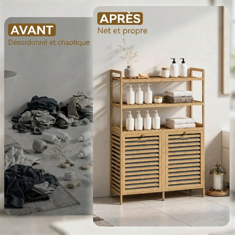 HOMCOM Meuble de salle de bain avec panier à linge en bambou avec 2 paniers amovibles et étagères à 3 niveaux, chêne