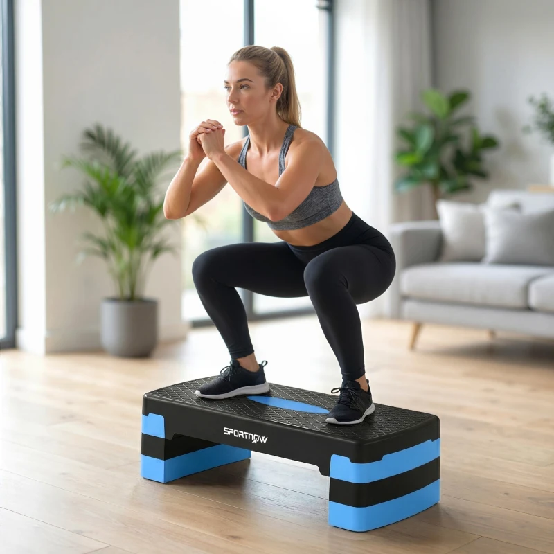 SPORTNOW Stepper Fitness Aérobic 3 Niveaux, Hauteur Réglable 10/15/20 cm avec Rehausses, Surface Antidérapante, 68x29x20cm, Bleu