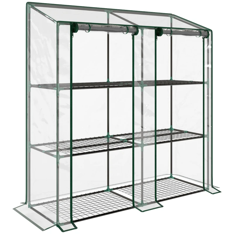 Outsunny Mini serre de jardin 3 niveaux avec bâche en plastique, 2 portes enroulables, 6 étagères, dim. 143L x 46l x 141/151H cm