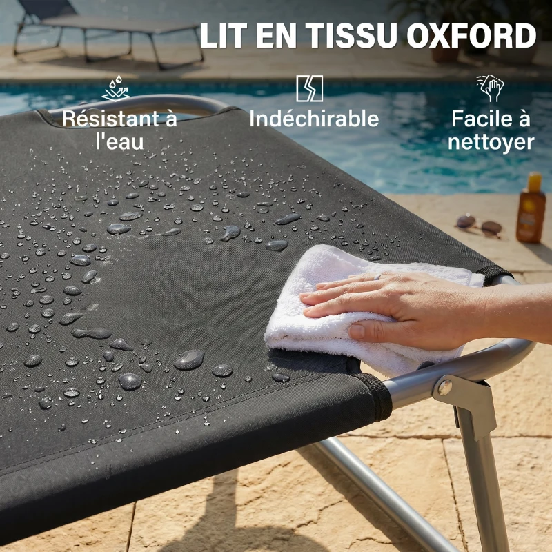 Outsunny Transat Bain de Soleil Pliable Chaise Longue Pliante Grand Confort Dossier Inclinable Multi-positions et Pare-Soleil réglable Dim. 187L x 58l x 36H cm Noir