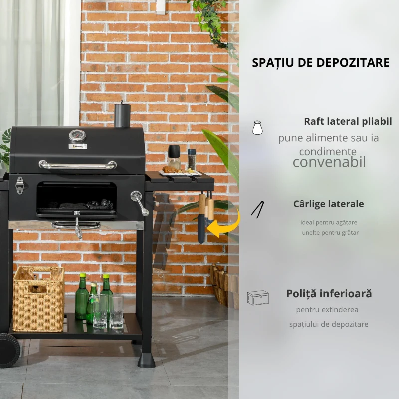 Outsunny Grătar cu Tavă de Cărbune Reglabilă, Grilaj de Grătar din Oțel Galvanizat cu Rafturi de Depozitare, 120x64x114 cm, Negru