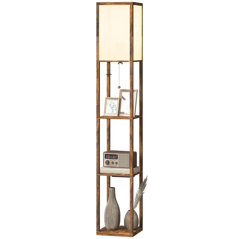 HOMCOM Floor Lamp with Shelves, 4 Layer Standing Lamp with USB Ports, 3 Colour Temperature, Rustic Brown
