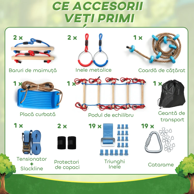 AIYAPLAY Ninja Line Set Slackline copii 24 m cu inele gimnastice, 7 obstacole, bară de cățărat, pod de echilibru pentru 3-6 ani Roșu+Albastru