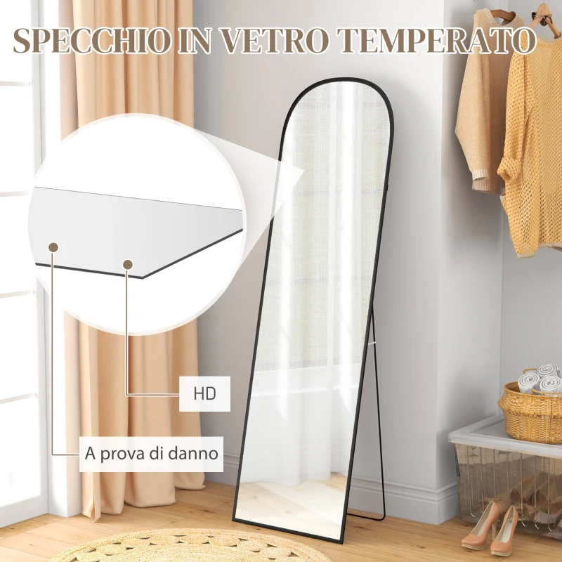 HOMCOM Specchio da Terra e Parete Moderno in Lega di Alluminio con Supporto Pieghevole, 50x170 cm, Nero