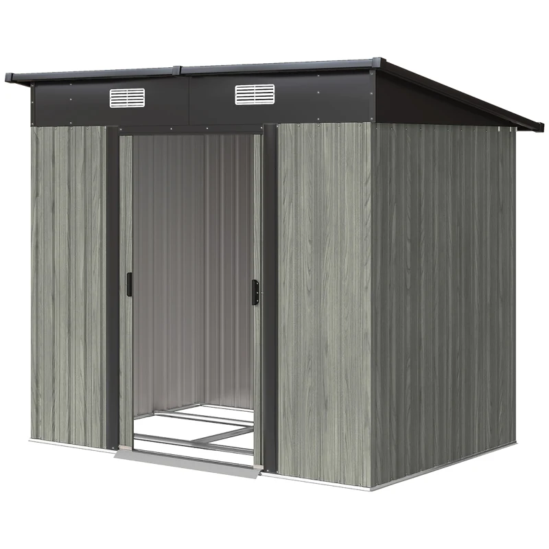 Outsunny 7 x 4ft Outdoor Storage Shed with Foundation Kit, Lean to Metal Garden Shed for Log, Rubbish Bin, Tool, Bike, Light Grey