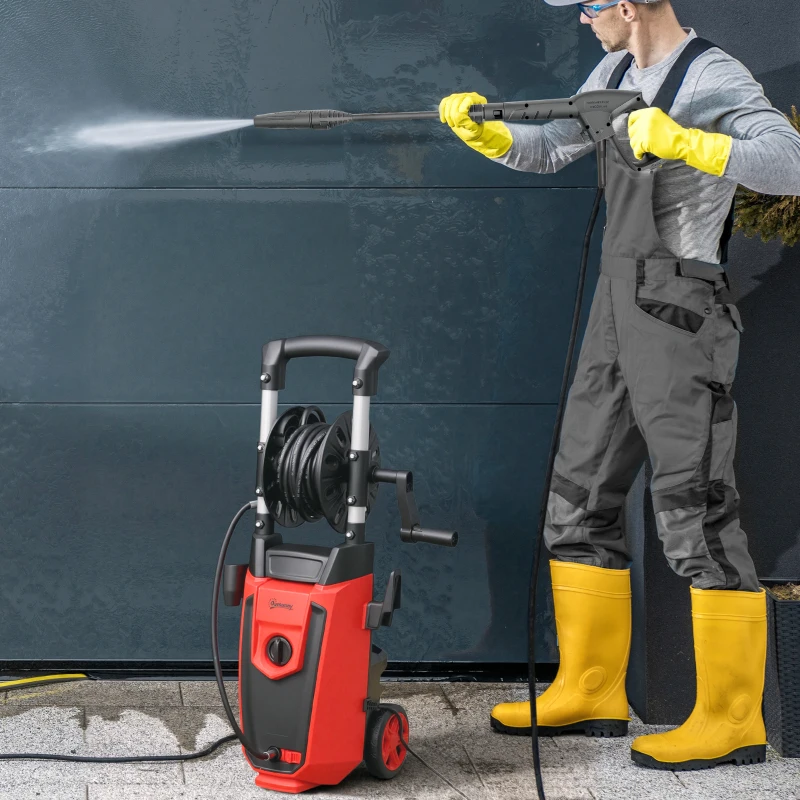 Outsunny Lavadora de Alta Pressão 1800W 150 Bar Caudal 420 L/h com Paragem Automática Mangueira de 6 m 30x27,5x76 cm Vermelho