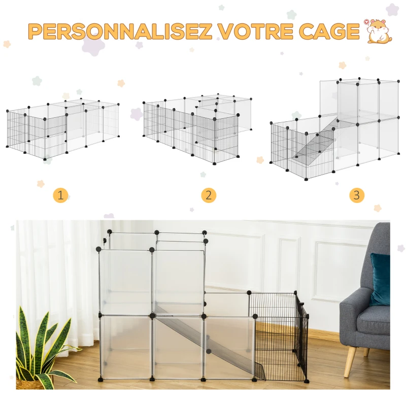PawHut Enclos lapin interieur, 2 niveaux, parc modulable pour petits animaux, 27pcs, 140 x 70 x 90 cm, noir