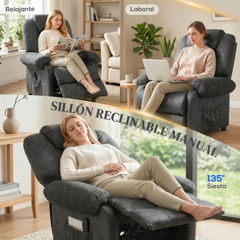 HOMCOM Sillón Relax Reclinable Manual Sillón Relax de Terciopelo con Reposabrazos Reposapiés Acolchado Grueso Negro