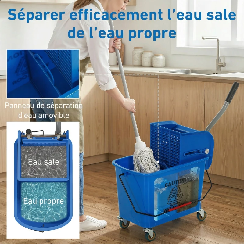 HOMCOM Chariot de ménage chariot de lavage essoreuse latérale seau 20 L, poignée et serpillère, 45 x 26,5 x 70 cm, bleu