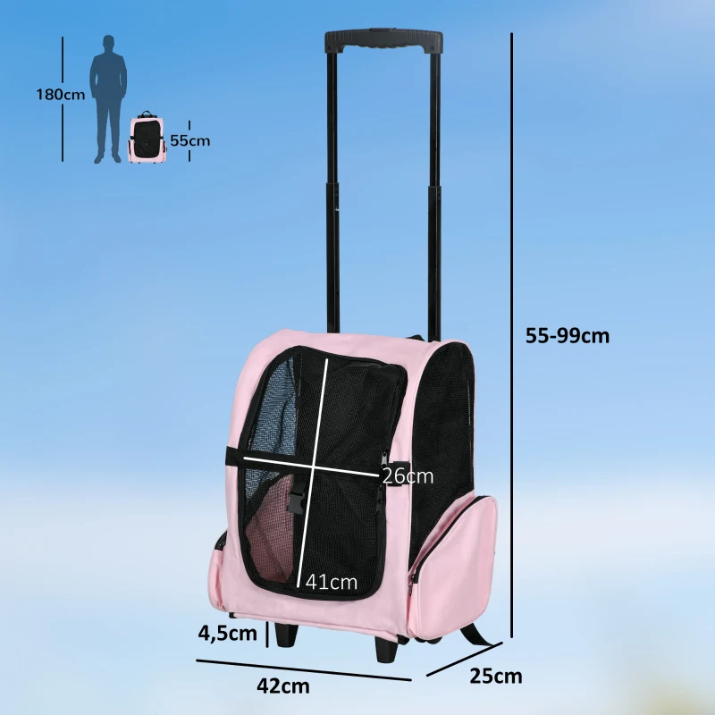 PawHut Sac de transport à roulettes pour chien 2 en 1 trolley chariot sac à dos pour chien chat avec poignée téléscopique, sacs de rangement, aérations, attache de sécurité, 42 x 25 x 55 cm, rose