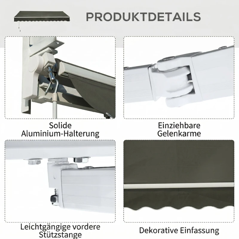 Outsunny Copertină Retractabilă de Exterior cu Brațe și Deschidere Manuală, 350x250 cm, Gri