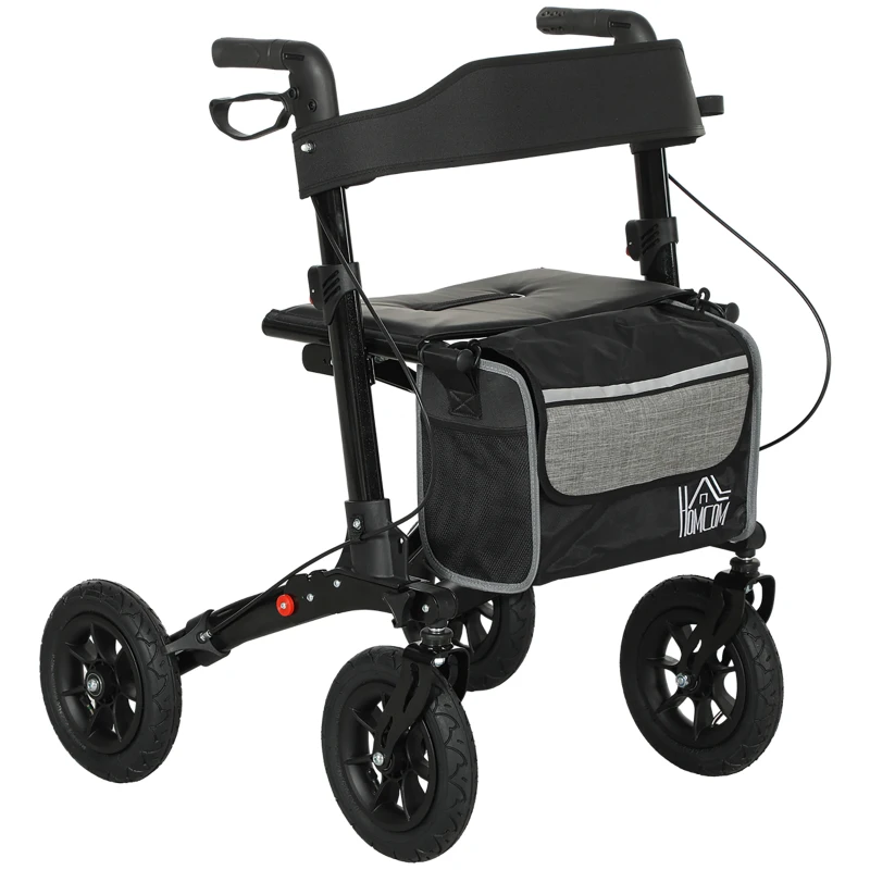 HOMCOM Déambulateur 4 roues pliable, rollator en aluminium léger, siège rembourré, dossier, poignée réglable, 69x64x98,5cm noir