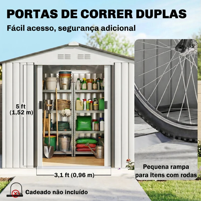 Outsunny Abrigo de Jardim 213x130x185cm Abrigo de Jardim Metálico de Exterior com 2 Portas Deslizantes e 4 Janelas Branco e Cinza