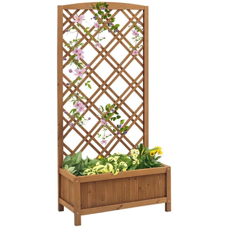 Outsunny Garden Planter with Trellis, Wooden Raised Bed for Garden with Lattice Trellis for Vegetables, Herbs and Flowers, Brown