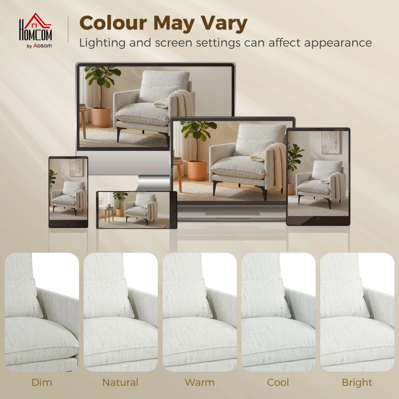 HOMCOM Fauteuil de salon rembourré en tissu effet lin avec accoudoirs, coussin lombaire et assise large, Blanc