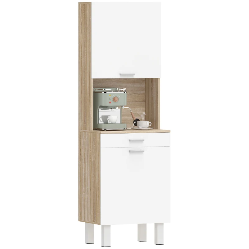 HOMCOM Aparador alto de cocina, armario de cocina con 2 puertas, cajón y encimera, 55x40x174 cm, blanco y madera natural